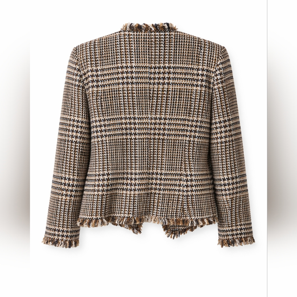 Calvin Klein Brown Tweed Fringe Jacket | Size 12 | Chic Textured Blazer NWT - Picture 4 of 6